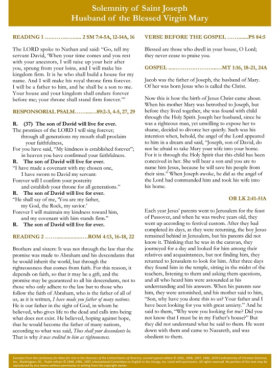 Readings, Solemnity of Joseph, Husband of the Blessed Virgin Mary, English