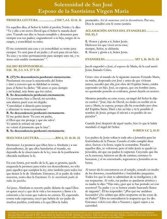 Readings, Solemnity of Joseph, Husband of the Blessed Virgin Mary, Spanish