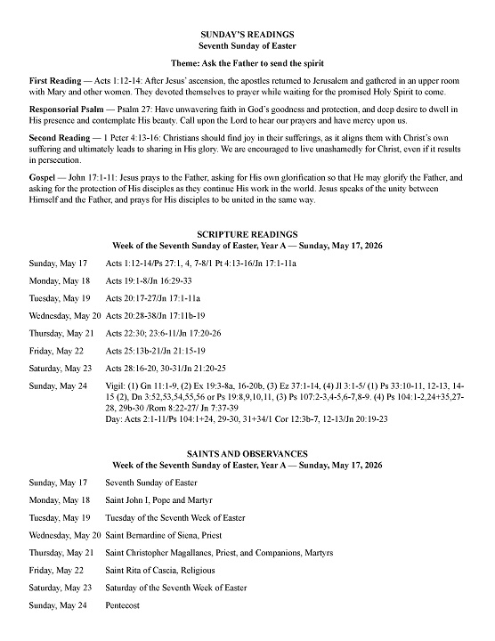 Readings, 7th Sunday of Easter, Theme, Readings, Saints, Observances, Text file, Year A, 2026