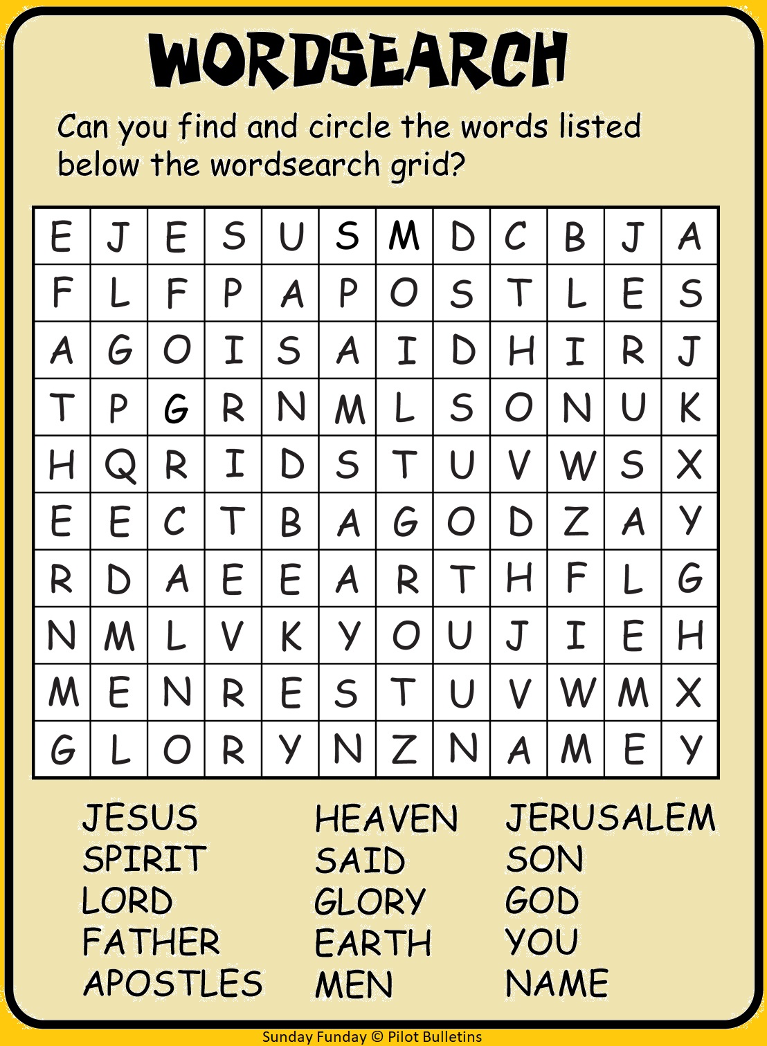 Sunday Funday Children's Activity, Wordsearch