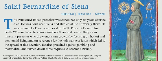 SOTW, Saint of the Week, May 20, Bernardine of Siena, English