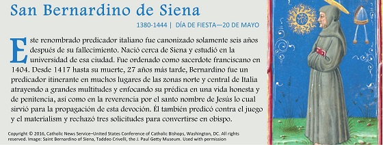 SOTW, Saint of the Week, May 20, Bernardine of Siena, Spanish
